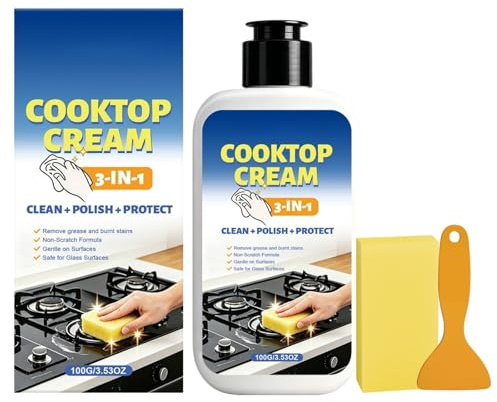 100G Hob Cleaner Kit for Glass, Ceramic & Induction Hob, Heavy Duty Ceramic Hob Cleaner, Quartz Worktop Cleaner, Stove Glass Cleaner with Scraper & Sponge, Oven Glass Cleaner, Cooker & Cooktop Cleaner