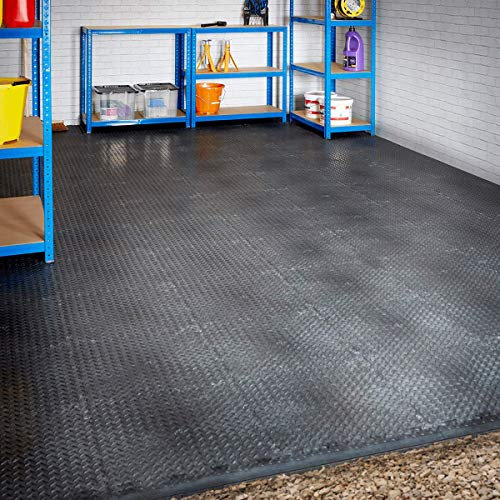 BiGDUG Interlocking Vinyl Garage Floor Tile - Single Garage Flooring Set - 3m x 6m (193 sq ft) - Ramped Edges - Black Checker Plate