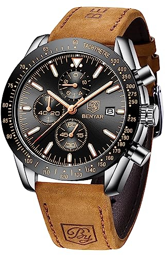 BENYAR Uhren Herren Analog Quarz Chronograph Herrenuhren 30M Wasserdicht Leuchtende Datum Braun Lederband Armbanduhr Lässig Business-Kleid Uhren Elegantes Geschenk fur Männer