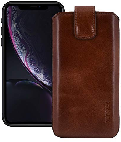 Suncase äkta läderfodral läder fodral kompatibel med iPhone 11 (6,1 tum) skal väska skyddsskal (med utdragbar funktion och magnetlås) i Mocca brun
