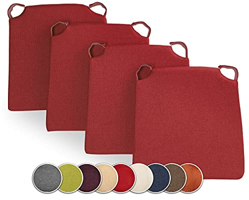 sunnypillow 4er Set Stuhlkissen mit Klettverschluss Polsterauflage Auflage für Stühle - Indoor/Outdoor - Sitzkissen Sitzauflage - Maße: 42 (vorne) | 35 (hinten) x 40 x 5 cm - Rot
