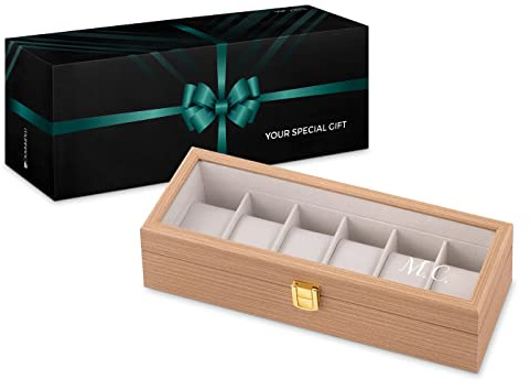 Maverton Boîte à 6 montres personnalisée en bois - 31 cm x 11 cm x 8 cm - Coffret pour une collection de montres - Cadeau pour collectionneurs - Pour homme - Initiales