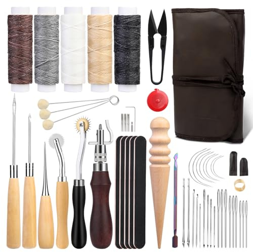 NAMOON 55 Pcs Leather Sewing Kit Leather Working Tools Set DIY Craft Tools with Wool Daubers, Sewing Awl, Stitching Groover, Waxed Thread, Upholstery Repair Kit for DIY Craft Making