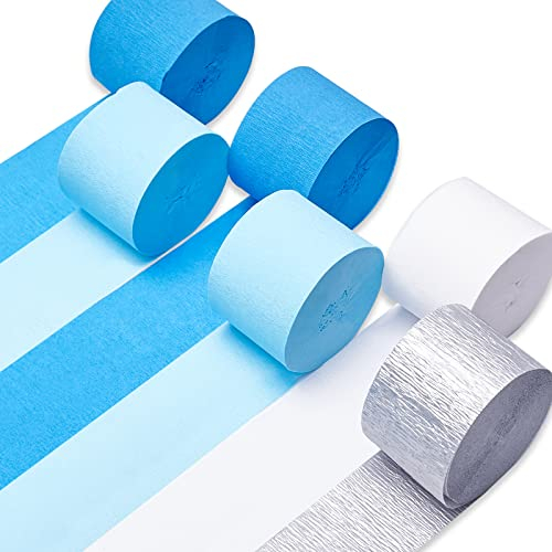 PartyWoo Serpentinas de papel crepé, 6 rollos de 492 pies, paquete de serpentinas de fiesta de color blanco, plateado,azul real,azul claro para decoraciones de cumpleaños(1.8 pulgadas x 82 pies/rollo)