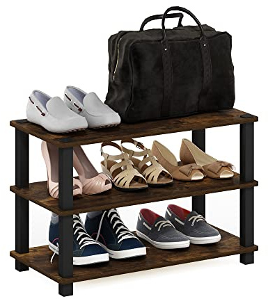 Furinno Turn-S-Tube Supports pour Téléviseur ou Étagère à Chaussures sans Outil à 3 Niveaux, Engineered Wood, Pin Ambré/Noir, 59,9 (L) x 29,4 (P) x 39,1 (H) cm