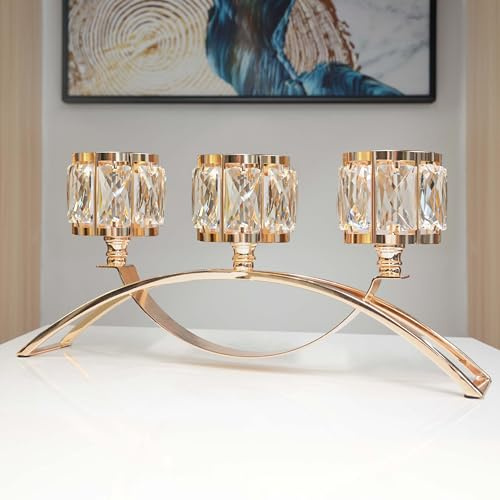 Soporte para Velas votivas de candelabro de Cristal de 3 Brazos, portavelas de Boda, centros de Mesa para mesas, candelabros de Cristal, decoración de Mesa (Dorado)
