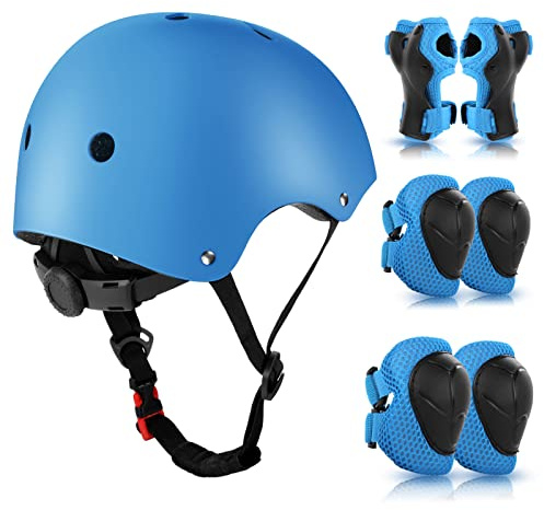 WayEee Equipo de Protección Infantil 7PCS, Protecciones Patines incluye Casco Rodilleras Coderas y Muñequeras para Ciclismo Monopatín Patinaje y otros Deportes(Azul)