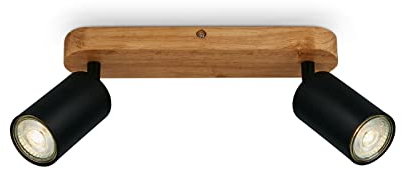 BRILONER Leuchten - Deckenlampe retro mit Holz, 2-flammige Deckenleuchte vintage, 2x GU10 Fassung, verstellbarer LED Spot, rustikaler Deckenspot, Schwarz-Holz, 270x60x85 mm, 2922-025