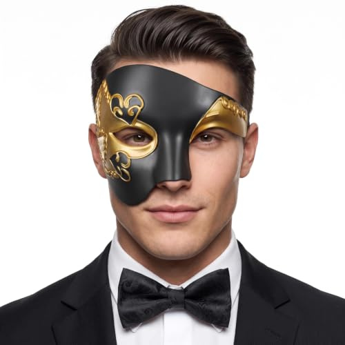 IncreDecor Maskeradmask för män Phantom of The Opera halv ansiktsmask med fluga, venetianska masker för halloweenfest