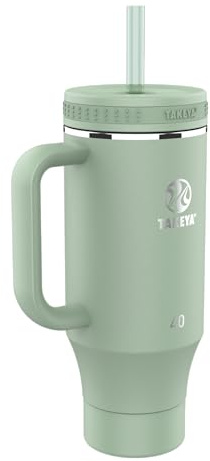 Takeya Straw Tumbler with Handle - Beverage Tumbler for Coffee, Water & More - Durable Tumbler with Built-In Silicone Coaster & 2 Straws - Double Stainless Steel Insulation - 40 oz, Matcha