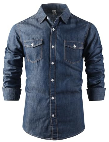Tianerhay Camisas vaqueras de manga larga con dos bolsillos para hombre | Mezcla de algodón, ligeras, camisas vaqueras vintage con botones, ajuste regular, para el trabajo, uso casual