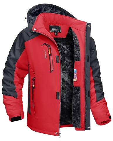 TACVASEN Mens Skiing Jacket with Hood Snowboard Rain Jackets Winter Military Tactical Softshell Fleece Jacket Coat Water-Resistant Windproof Raincoats Red
