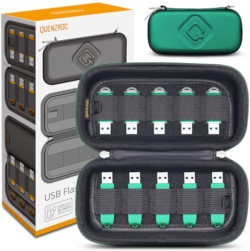 QUENZROC USB Flash Drive Case Organiser Fits 20 Thumb Drives USB Sticks Holder Hard Storage Case Portable Box Travel Carrying Pouch Deluxe Green