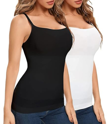 Joyshaper Women Tummy Control Vest Tops Slimming Camisoles Compression Cami Tops Shapewear Body Shaper with Adjustable Straps Black+White,L