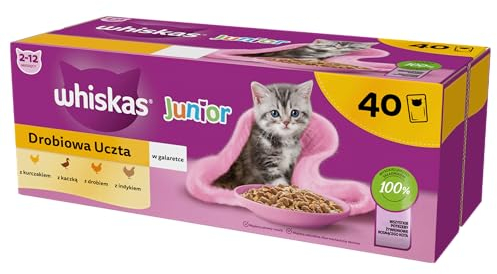 Whiskas Junior Katzennassfutter Geflügel Auswahl in Gelee, 40 Portionsbeutel, 40x85g (1 Großpackung) – Hochwertiges Katzenfutter nass, für heranwachsende Katzen von 2 bis 12 Monaten