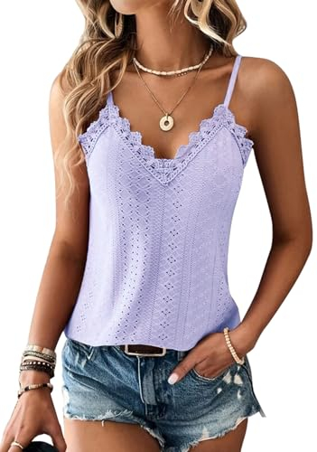 TrendiMax Damen Spitze Top Sommer V Ausschnitt Spaghetti Oberteile Ärmellose Shirt Sexy Cami Top (S, Helllila)