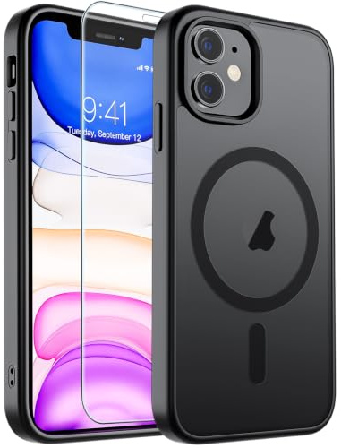 SUPFINE Magnetic for iPhone 11 Phone Case Black | With Screen Protector, Translucent Matte, Compatible with MagSafe, Military Grade Drop Proof, Rugged Shockproof Protective