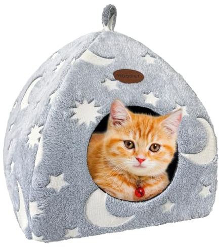Mooipet Katzenhöhle Plüsch Katzenhaus mit Waschbarem Kissen Faltbare Katzenzelt Höhle mit Handle Weiches und Warmes Katzenbett für Drinnen 33x33x35cm