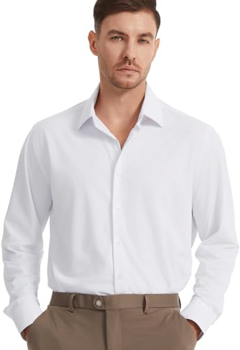 Demofair Camisa de punto con botones para hombre, de manga larga, elástica, sin arrugas, cómoda, Blanco, Large