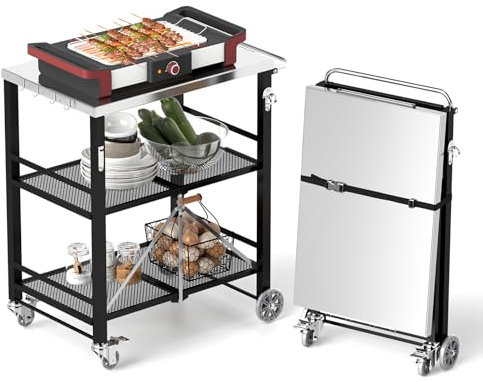 YORKING Foldable Outdoor Grill Cart, Stainless Steel 3 Tier Kitchen Cart with 2 Lock Wheels, 35.43 x 23.62 x 42.12'', Moveable BBQ Table Kitchen Island with Bottle Opener for Camping, Party, Black