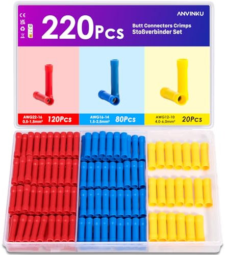 Butt Connector Crimps, ANVINKU 220PCS Straight Electrical Connectors, 0.5mm² - 6mm² Crimp Wire Connectors Assortment, Insulated Cable Connectors, Crimp Butt Splice Connectors (Blue, Red, Yellow)