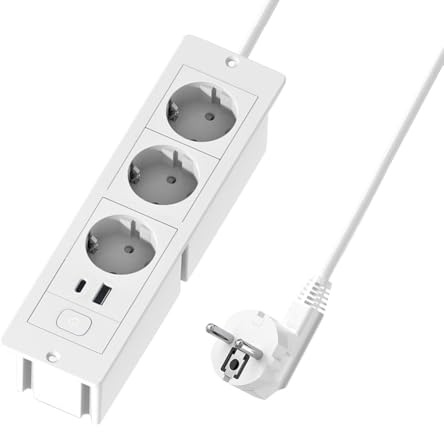 KBIBCK Inbyggt uttag med USB och Type-C, 5-i-1 bordsuttag, 3-vägs installation grenuttag, bordsskiva försänkt med 1,8 m kabel, flera uttag för uttag, flera uttag för kök, kontor