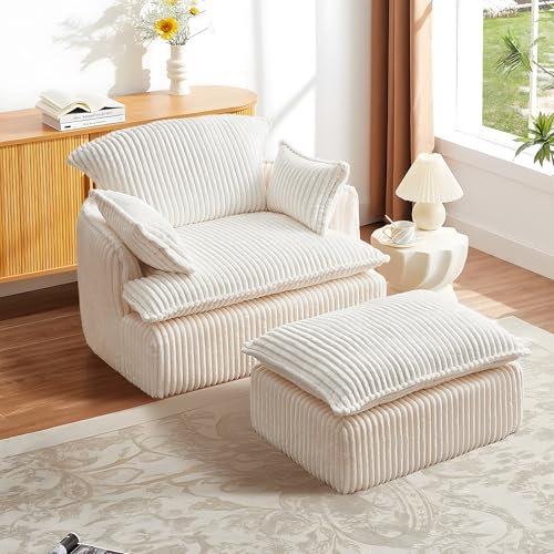VASOENY 108CM Ohrensessel mit Hocker, Corduroy Modernen Komfortablen Wohnzimmerstuhl, Kompakten Lesestuhl mit Osmanischen Relaxsessel für Wohnzimmer, Schlafzimmer und Büro