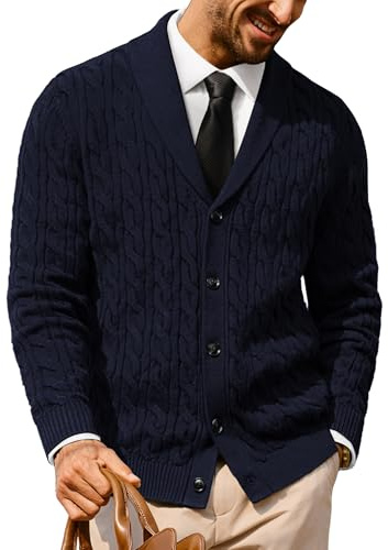 PJ PAUL JONES Chaqueta de punto para hombre con cuello de chal y punto grueso, cárdigan con botón, azul marino, L