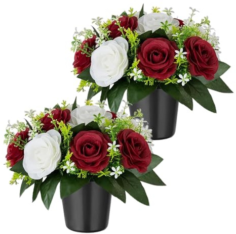 CECOMBINE 2 fiori artificiali per tombe, rose rosse e bianche, composizione commemorativa, 25 cm, in seta, con vaso, resistenti alle intemperie, per funerali all'aperto