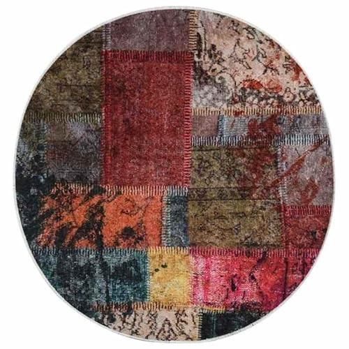 Eleganz Tappeto lavabile, patchwork multicolore, φ120 cm, antiscivolo, 100% poliestere, soggiorno, camera da letto, cucina, facile da pulire, antiscivolo, design moderno per la casa