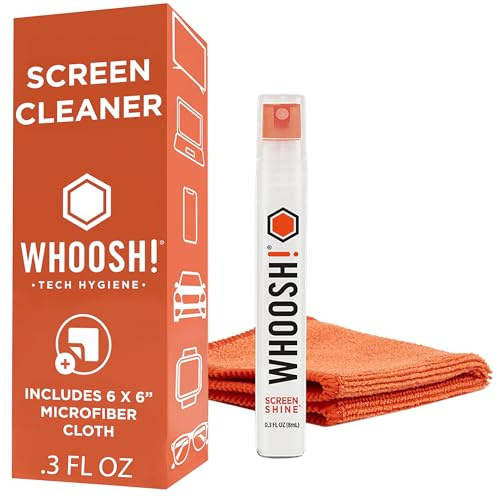 WHOOSH! Screen Shine Pocket 0.3 fl oz – Powerful Computer Screen Cleaner for Car, Laptop, Phone & Eyeglasses – Streak-Free Screen Cleaner Spray and Wipe, Sleek Leak-Free Bottle with Microfiber Cloth