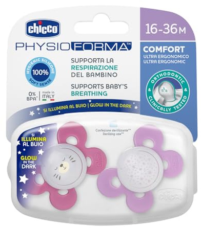 Chicco Physio Comfort Night Bimba Succhietto di Silicone, 16-36 Mesi, 2 Pezzi, Colori Assortiti