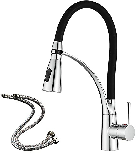 Heable Wasserhahn Küche mit 2 Funktionen Brause, Küchenarmatur mit Ausziehbarer Brause, 360° Drehbare Mischbatterie Küche Schwarz, Spültischarmatur Küche aus Messing