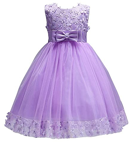 Discoball Vestido de niña de tul vestido de niña de flores para fiesta, dama de honor boda, #Morado, 7-8 Años