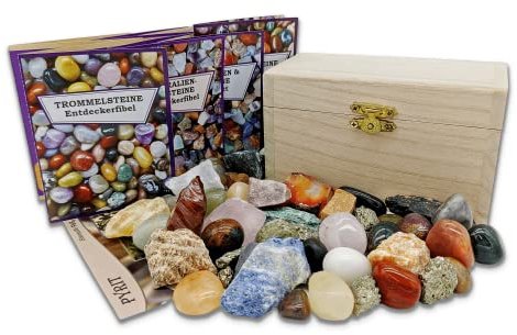 Schatzkiste gefüllt mit Edelsteinen, Pyrit und Rohsteinen + informativen Beilageheften zum Lernen über den Inhalt | Ideal für Kinder bei der Schatzsuche, zum Spielen, Entdecken und Ausgraben