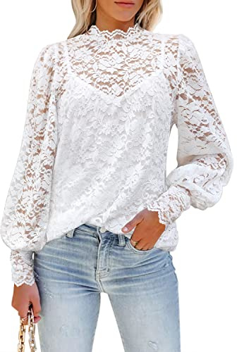 DOROSE Long Sleeve Lace Shirts for Women Mock Neck Tops Elegant Blouses White L