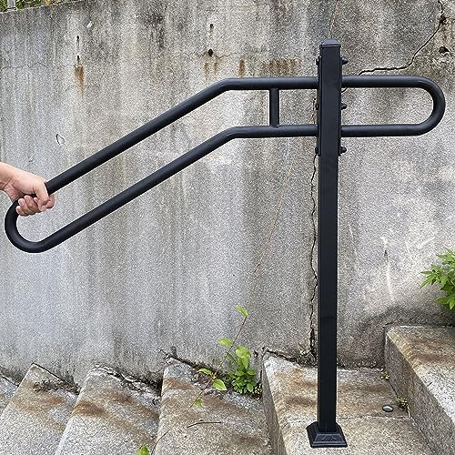 SMQLJXC 31.5-9.5 L X 35.5 H Single Post Wrought Iron Handrails for Outdoor 1-3 Steps, Outdoor Stair Railing for Steps, Handrail for Garage Entrance, Porch (Black)