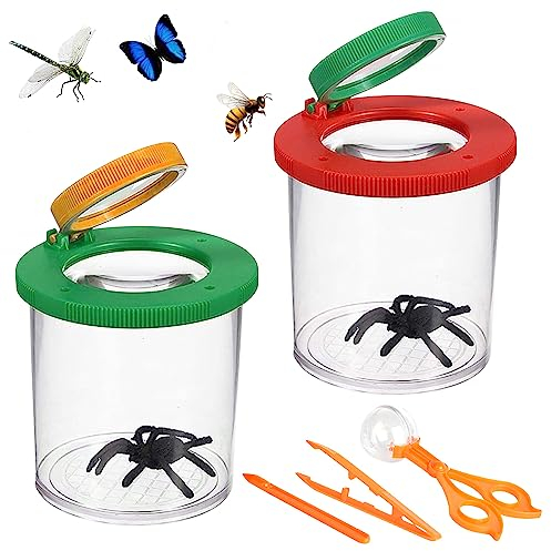 LUFEIS Becherlupen Für Kinder Set Mit 3/6x Lupe,2 Stück Becherlupen Mit Plastik Pinzette, Lupendose Transparent Für Kinder Wissenschaft, Biologie & Käfersammeln