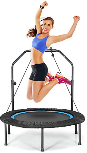 KOMFOTTEU 2-in-1 Fitness Trampolin, Ø 101 cm Gartentrampolin mit höhenverstellbarer Griff & 2 Widerstandsbänder, faltbares Mini-Trampolin bis 150 kg belastbar für Indoor Outdoor, Schwarz + Blau
