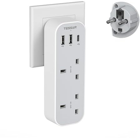 UK to European Travel Plug Adapter, TESSAN Grounded EU Euro Europe Travel Adapter with 3 USB (1 USB C), European Adaptor Multi Plug Outlet for Spain France Iceland Germany Greece Poland (Type E/F)
