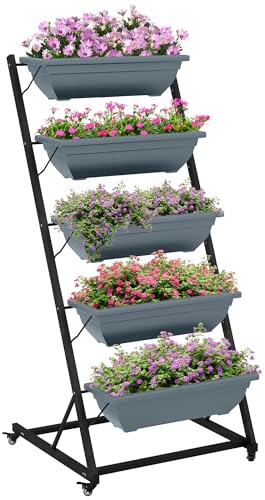 Outsunny Pflanzenständer, Blumenständer mit 5 Etagen, Pflanzenregal mit Rollen, Blumenregal mit Löchern Pflanzentreppe für Garten, Stahl, Grau, 65 x 67 x 145 cm