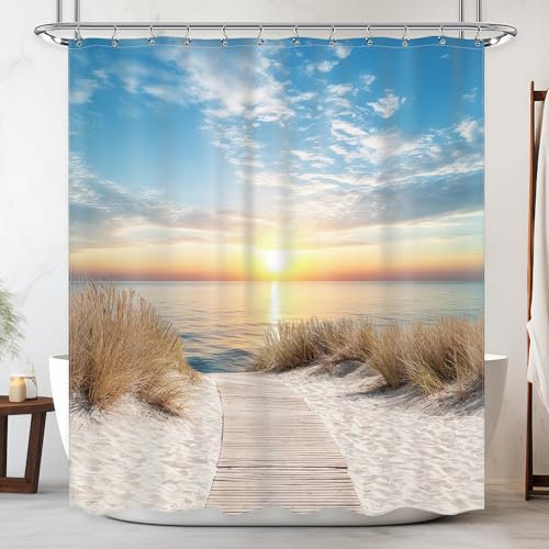 Newsely Strand-Ozean-Duschvorhang, 152,4 x 183,9 cm (B x H), Sonnenaufgang, Meer, Meereslandschaft, Sonnenuntergang, Küste, malerischer blauer Himmel, Duschvorhang, Badezimmer-Set, Naturlandschaft,