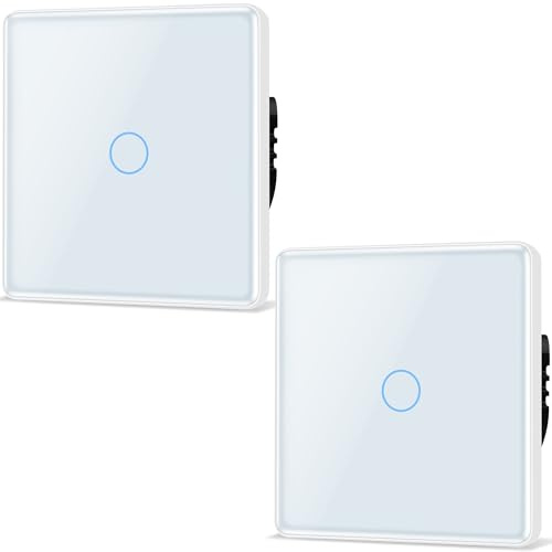 TAWOIA Touch Lichtschalter 1 Fach 2 Wege Unterputz Schalter mit 2.5D Curved Glas Platte 86 * 86mm Wandlichtschalter Weiß 2er-Pack