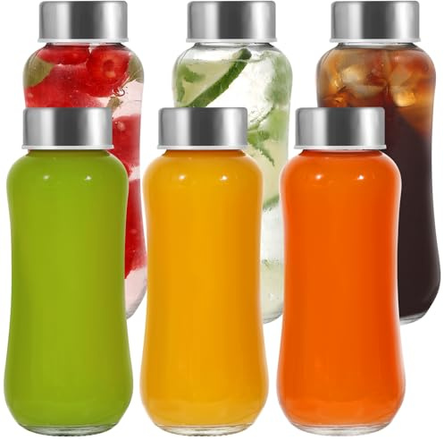 LIMILI 6 st 260 ml glasvattenflaskor med lock i rostfritt stål, glasjuiceflaskor med lock läckagesäkra återanvändbara dricksflaskor för varma kalla drycker arbete gym hem