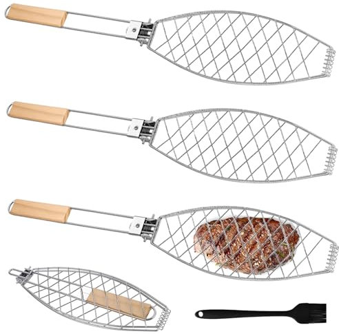 Lot de 3 supports de barbecue avec manche en bois - 63 x 12 cm - Grand rôtissoire à poisson avec poignée en métal - Support de poisson - Spatule à poisson - Pince à poisson pour barbecue et barbecue