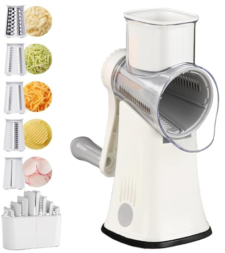 Rotary Cheese Grater: 5 in 1 Cheese Grater with Handle Vegetable Slicer with 5 Interchangeable Blades, Storage Box, Green Cheese Shredder with Strong Suction Base for Kitchen (White)