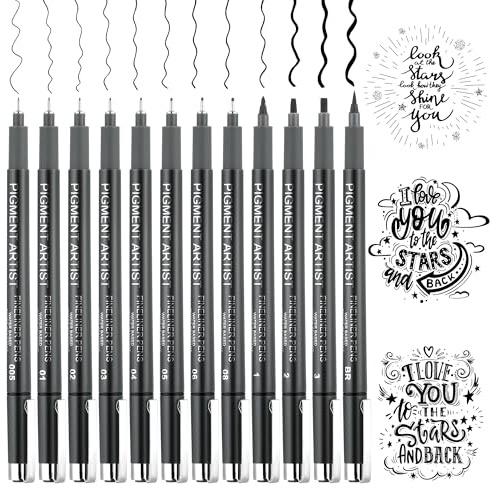 JIANTA 12 pièces Stylos de Calligraphie, Feutre Fin Noir Fineliner pour l'Écriture, Accessoires de Bullet Journal, Stylo de Dessin noir