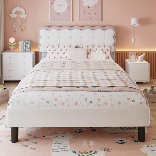 Upholstered Bed with Biscuit Shape Headboard, 4ft6 Double Bed Frame with Wooden Slats, Velvet Fabric Upholstered Platform Bed Youth Beds for Adults Kids Teenagers, No Mattress, Beige+Pink, 135×190 cm