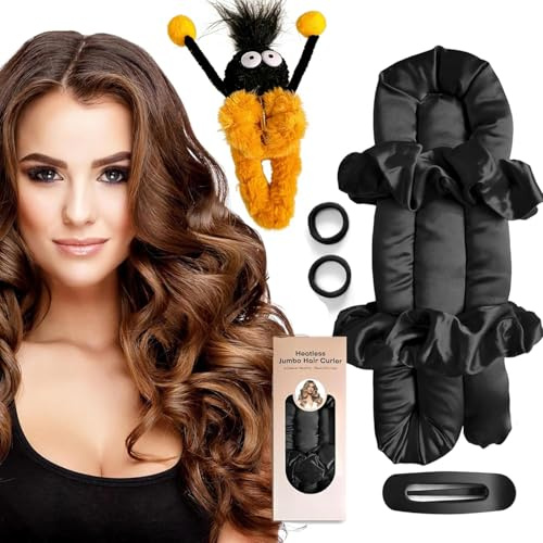 Lockenwickler-Set, Satin, hitzelose Locken über Nacht, 7-teiliges Jumbo-Lockenstab-Stirnband-Set mit niedlicher Haarspange, keine Hitze-Lockenwickler zum Schlafen (schwarz)