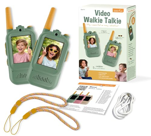 ZAZU Talkie Walkie Vidéo Enfant avec Caméra, Lot de 2, Écran 2,0 Pouces, Rechargeable USB, Portée 300 m, 5 Filtres & 16 Stickers, Talkie Walkie Enfant 446 MHz pour Intérieur et Extérieur, Rose (Vert)